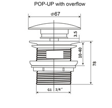 Technische tekening van een pop-up ventiel met overloop, afmetingen in millimeters