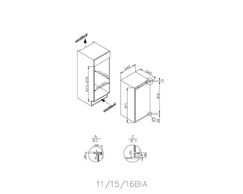 Technische tekening van een hoge kast met afmetingen