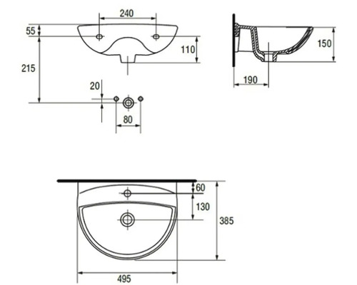 Technische tekening van een wastafel met afmetingen