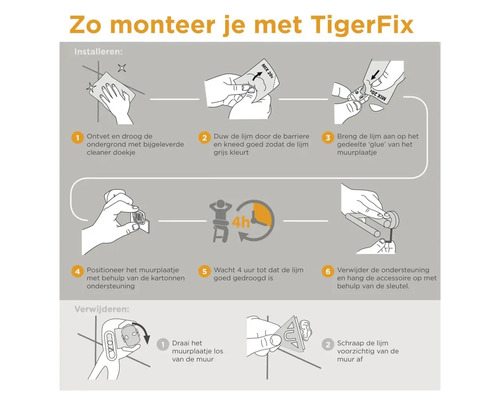 Installatie-instructies voor TigerFix lijm bevestigingssysteem met stapsgewijze handleiding voor montage en demontage