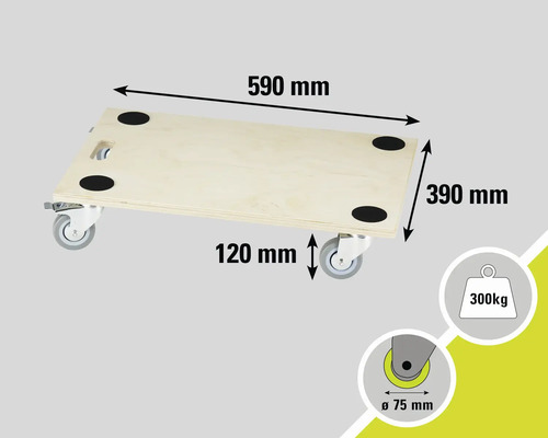 Houten meubelhond met een maximaal draagvermogen van 300 kilogram en de afmetingen 590 bij 390 millimeter