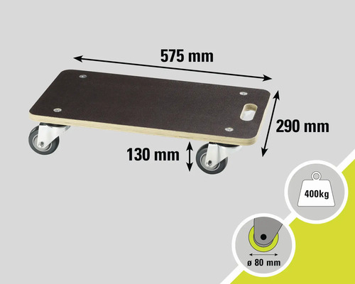 Rolplank met afmetingen 575 mm x 290 mm, een hoogte van 130 mm en een maximaal draagvermogen van 400 kg.