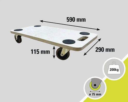 Meubelroller met afmetingen 590 mm lengte, 290 mm breedte en 115 mm hoogte, maximale belasting 200 kg, roldiameter 75 mm.