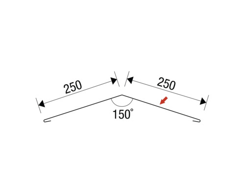 Technische tekening van een nokstuk met afmetingen van 250 mm en een hoek van 150 graden