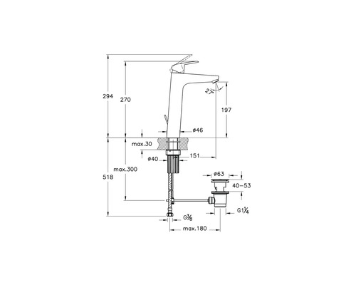 Technische tekening van een kraan met maatvoering