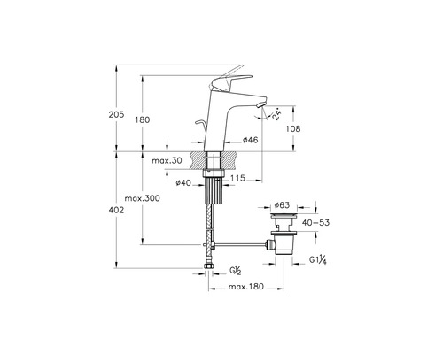 Technische tekening van een kraan met afmetingen