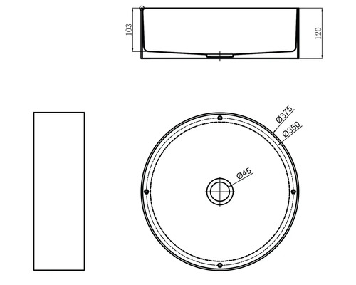Technische tekening van een ronde waskom met maatvoering