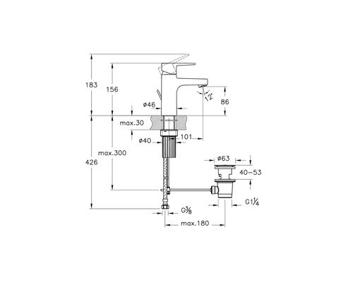 Technische tekening van een kraan met maatvoering