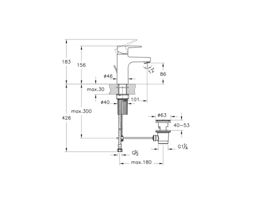 Technische tekening van een kraan met maatvoering