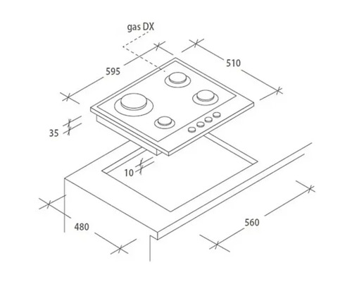 Technische tekening van een gaskookplaat met maatvoering
