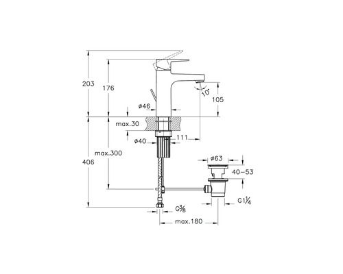 Technische tekening van een kraan met maatvoering