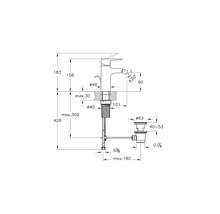 Technische tekening van een wastafelmengkraan met afmetingen