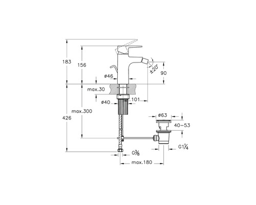Technische tekening van een wastafelmengkraan met afmetingen