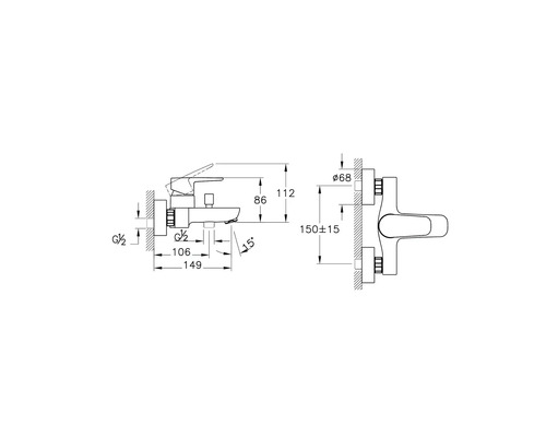 Technische tekening van een kraan met afmetingen voor de installatie