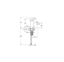 Technische tekening van een wastafelkraan met maatvoering