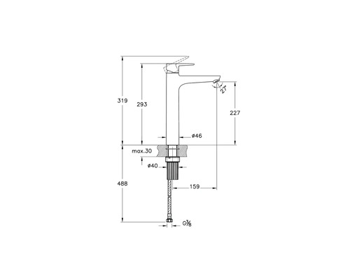 Technische tekening van een wastafelkraan met afmetingen