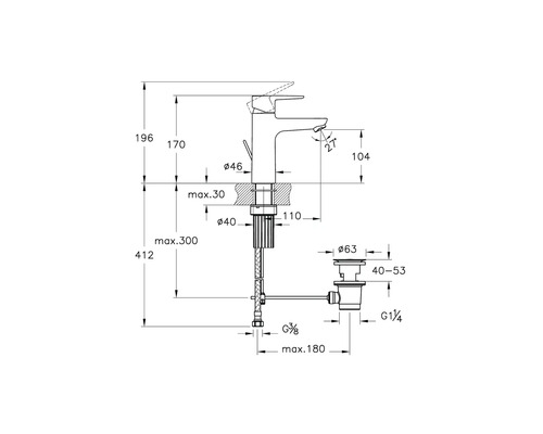 Technische tekening van een kraan met afmetingen