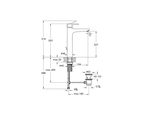 Technische tekening van een kraan met maatvoering