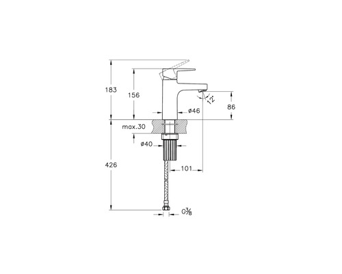 Technische tekening van een kraan met maatvoering.