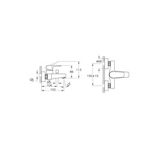 Technische tekening van een douchekraan met afmetingen