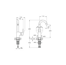 Maatschets van een keukenkraan met afmetingen