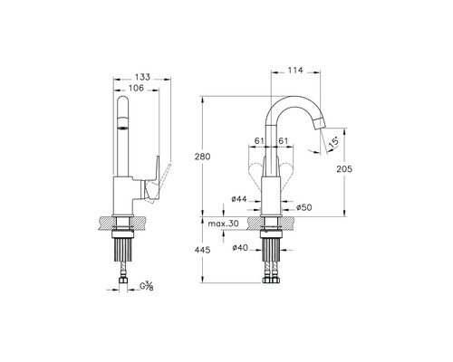 Technische tekening van een kraan met afmetingen
