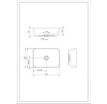 Technische tekening van een opzetwastafel met maatvoering