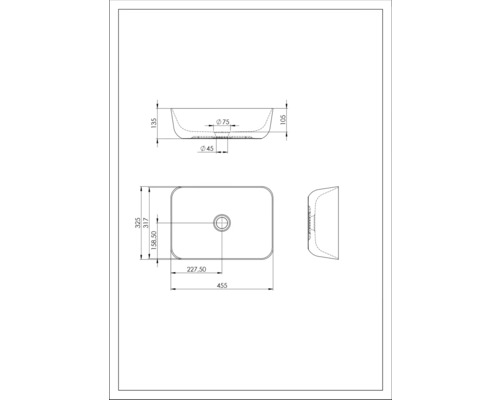 Technische tekening van een opzetwastafel met maatvoering