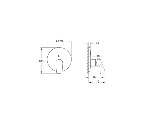 Technische tekening van een opbouw wastafelmengkraan met maatvoering