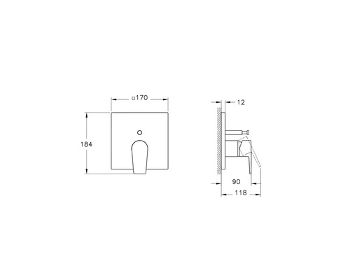 Technische tekening van een badkamerkraan met afmetingen