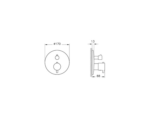 Technische tekening van een ronde thermostatische mengkraan met afmetingen