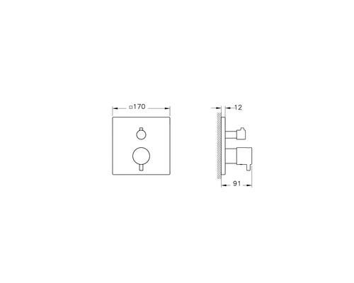 Technische tekening van een inbouwthermostaatmodule met afmetingen