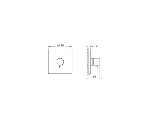 Technische tekening van een inbouwkraan met de afmetingen 170, 12 en 77.