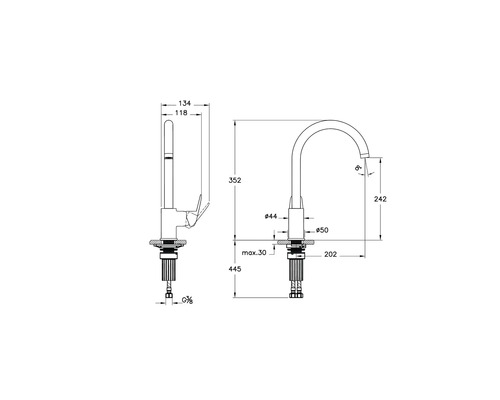 Technische tekening van een keukenkraan met afmetingen
