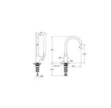 Technische tekening van een keukenkraan met afmetingen