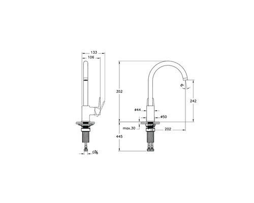 Technische tekening van een keukenkraan met afmetingen