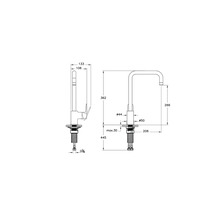 Technische tekening van een keukenkraan met afmetingen