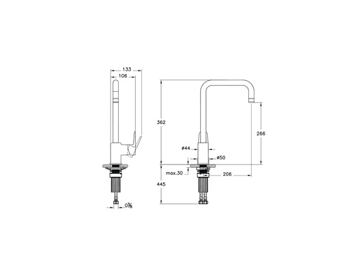Technische tekening van een keukenkraan met afmetingen