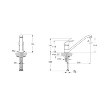 Technische tekening van een keukenkraan met afmetingen