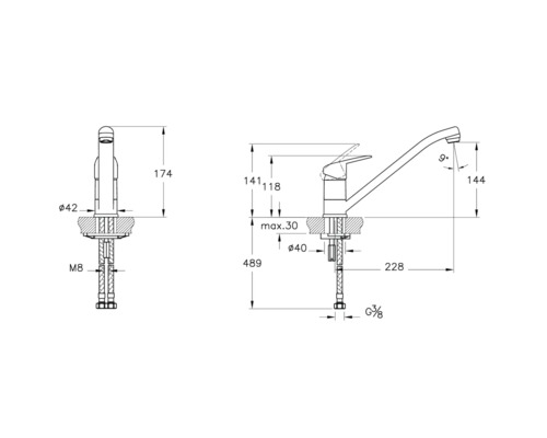 Technische tekening van een keukenkraan met afmetingen