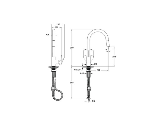 Technische tekening van een keukenkraan met afmetingen