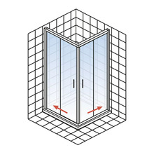 Hoekdouche met schuifdeuren in een betegelde badkamer