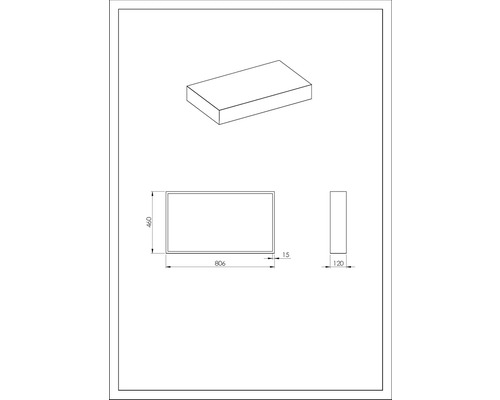 Technische tekening van een rechthoekige doos met de afmetingen 806 mm breed, 460 mm hoog en 120 mm diep.