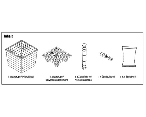 Inhoud: WaterUps plantenbak, irrigatie-element, toevoerbuis met afsluitdop, overloopventiel, 2 liter zak perliet