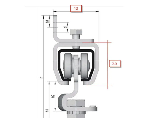 Technische tekening van een schuifdeur beslag met afmetingen