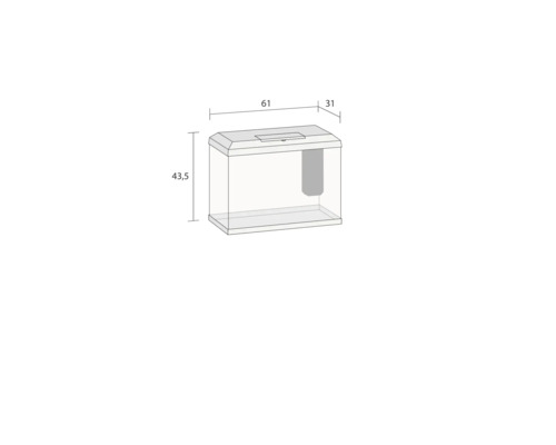 Aquarium met de afmetingen 61 cm x 31 cm x 43,5 cm.