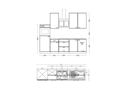 Schets van een keukenblok met afmetingen voor keukenontwerp.