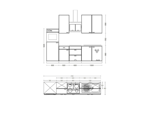 Keukenontwerp met afmetingen voor keukeninstallatie
