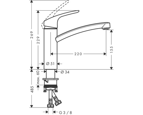 Technische tekening van een kraan met afmetingen