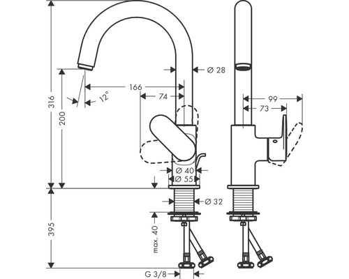 Technische tekening van een kraan met afmetingen.